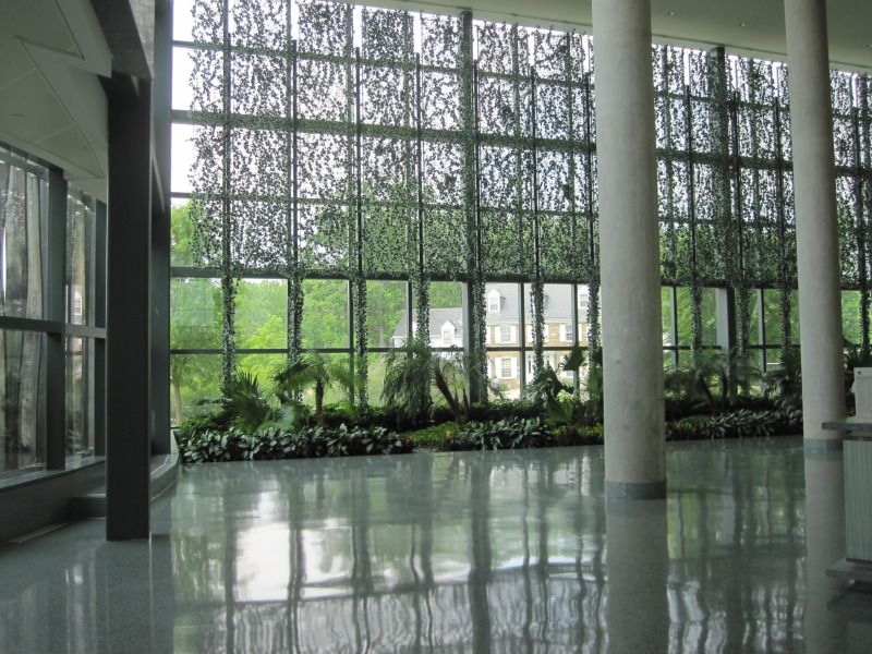 Building entrance atrium with view of Suitland Mansion through the Window