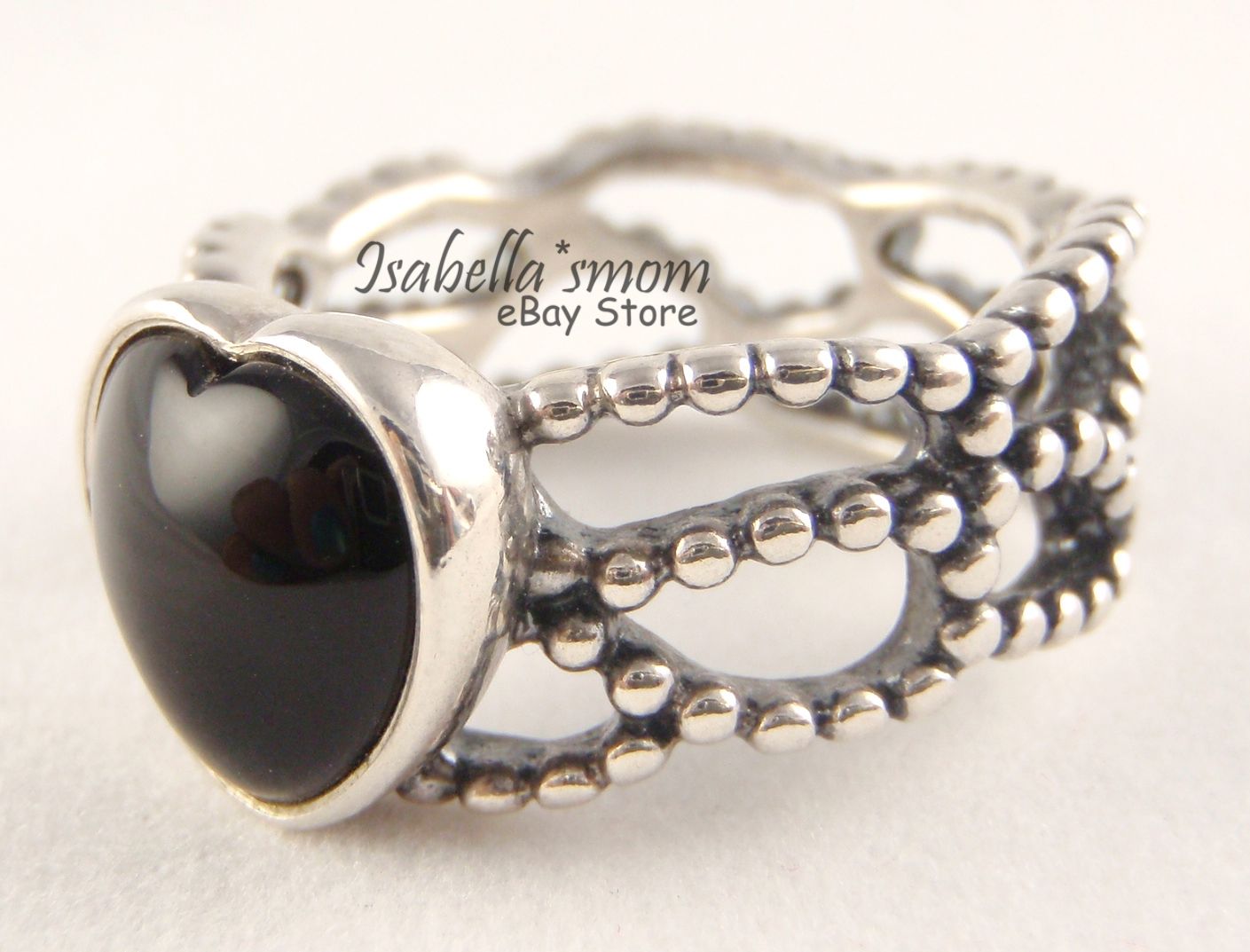 MI AMOR Authentic PANDORA Silver/BLACK ONYX Stone LOVE HEART Ring Size