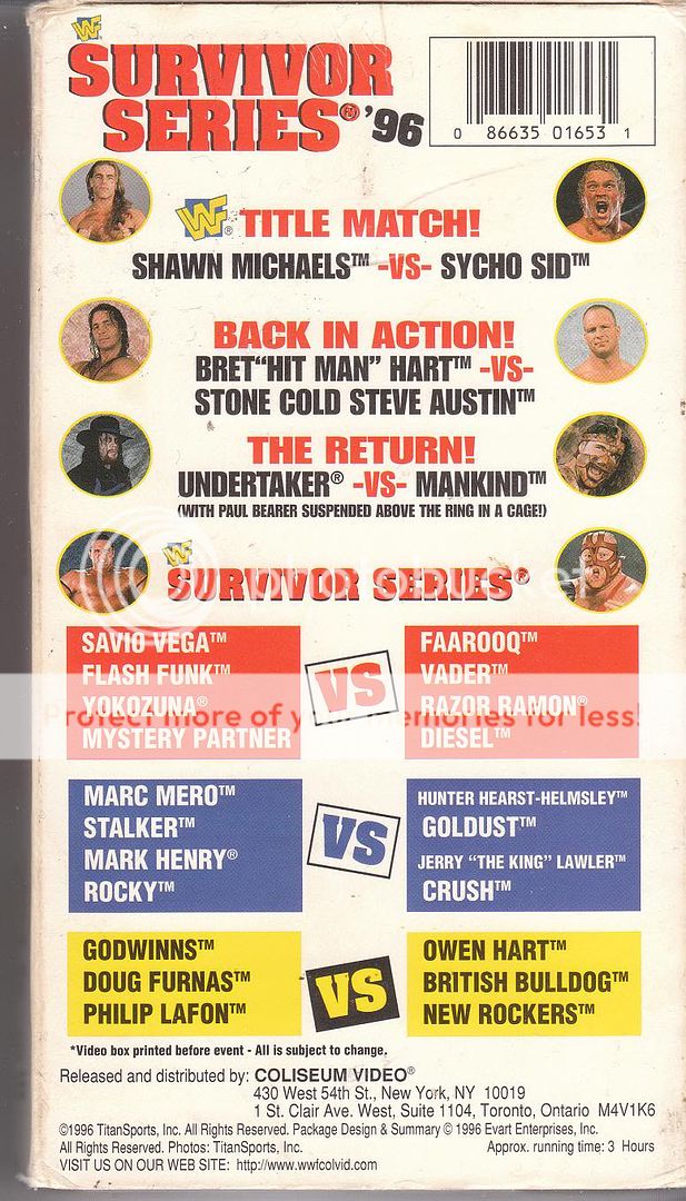 WWF Survivor Series 1996 Coliseum Video VHS Bret Hart  